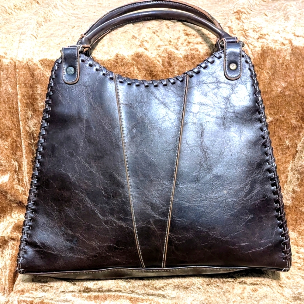 Vtg Duck Head Stitched Trim Dark Brown Leather Handbag